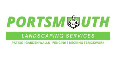Logo of Portsmouth landscaping services, featuring text and an emblem, listing services like patios, garden walls, fencing, landscape design, and brickwork on a green background.